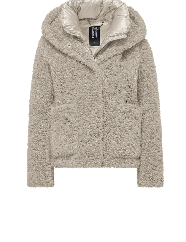 Cappotto corto bi-materico effetto agnellino Donna BOMBOOGIE mod. St. Moritz Overcoat art. GW9191TSFC6